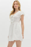 Smocked Bubble Sleeve Bow Detail Dress | Off White