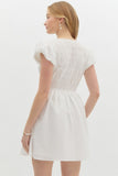 Smocked Bubble Sleeve Bow Detail Dress | Off White