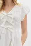 Smocked Bubble Sleeve Bow Detail Dress | Off White