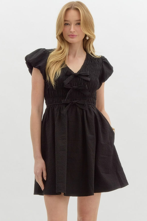 Smocked Bubble Sleeve Bow Detail Dress | Black