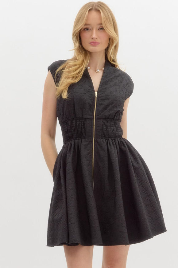 Floral Jacquard Zip Dress | Black
