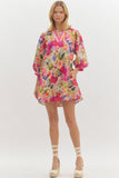 Floral 3/4 Bubble Sleeve Dress | Berry Mix