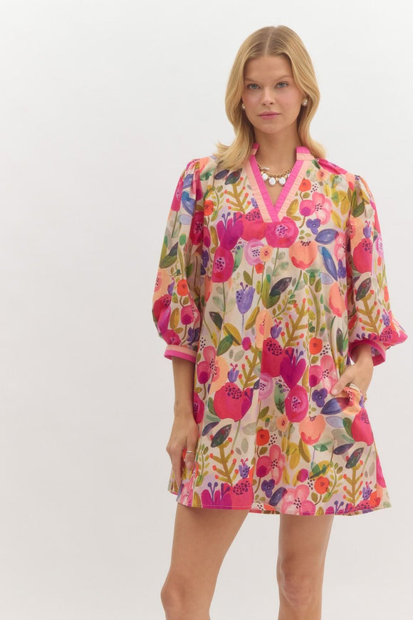 Floral 3/4 Bubble Sleeve Dress | Berry Mix