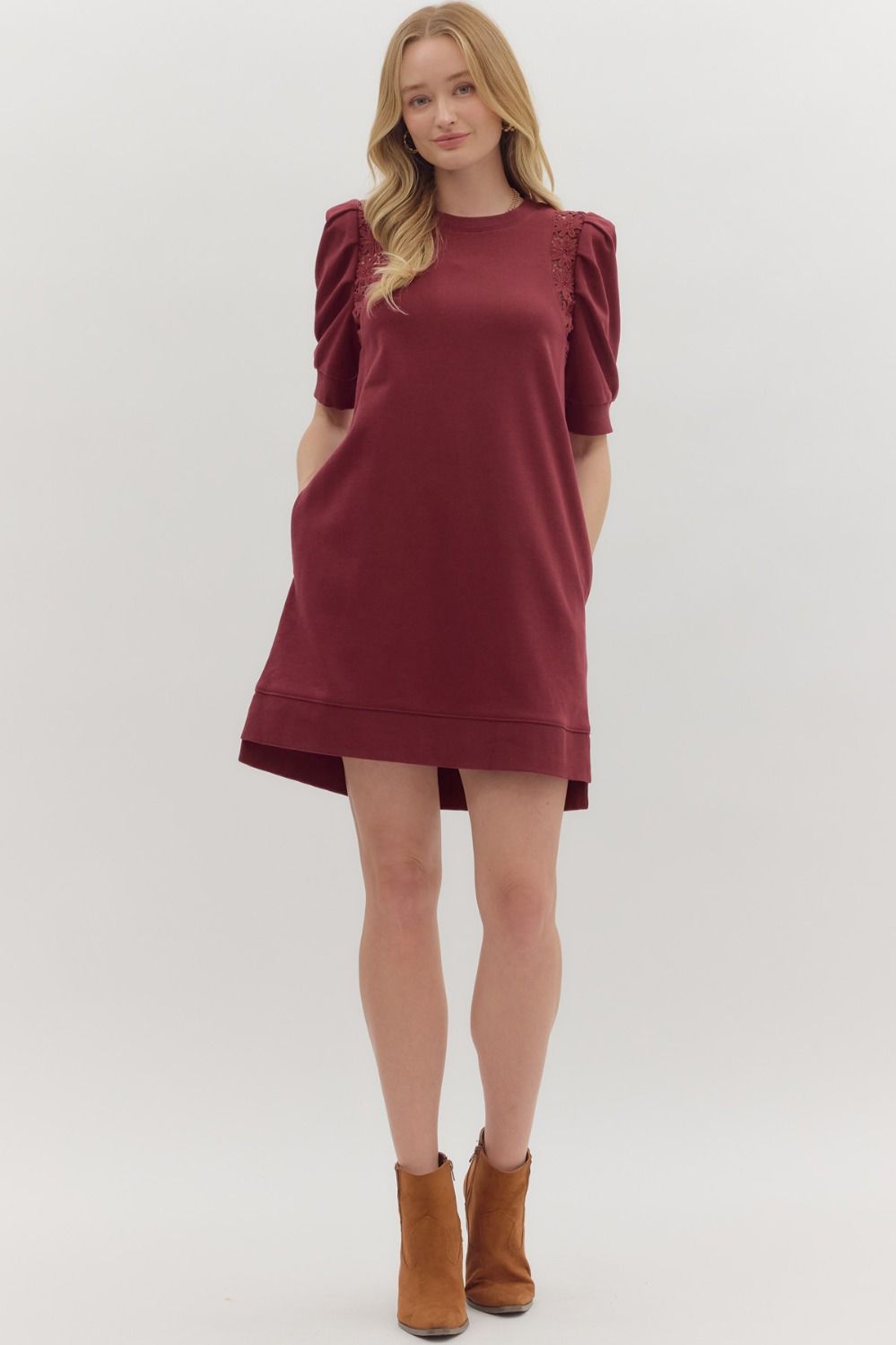 Crochet Trim Pleated Puff Sleeve Dress | Garnet