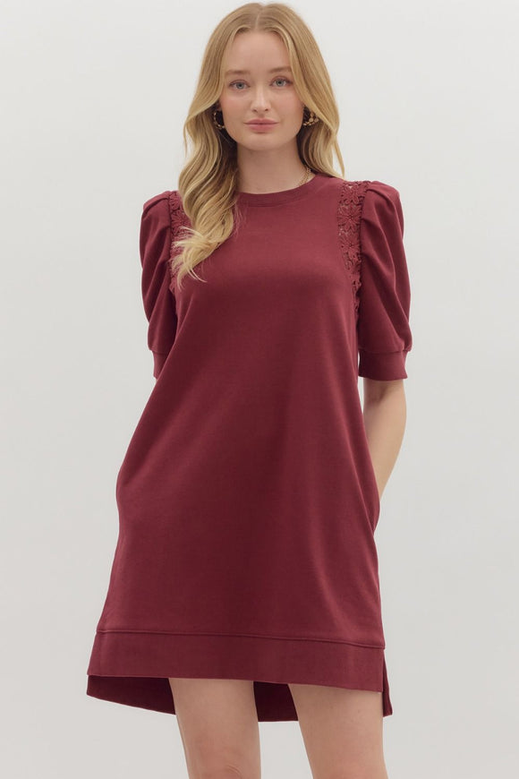 Crochet Trim Pleated Puff Sleeve Dress | Garnet