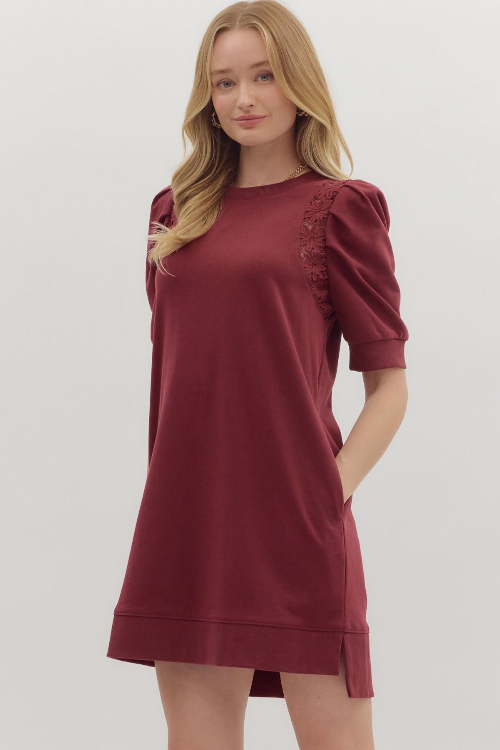 Crochet Trim Pleated Puff Sleeve Dress | Garnet
