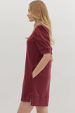 Crochet Trim Pleated Puff Sleeve Dress | Garnet