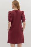 Crochet Trim Pleated Puff Sleeve Dress | Garnet