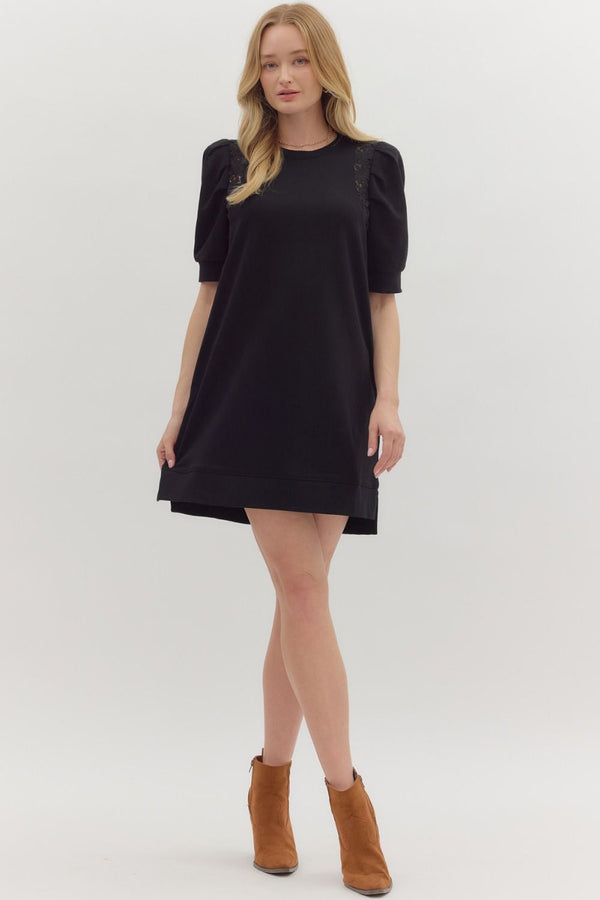 Crochet Trim Pleated Puff Sleeve Dress | Black
