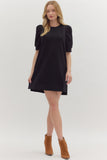 Crochet Trim Pleated Puff Sleeve Dress | Black