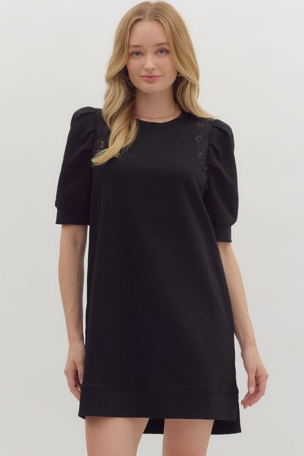 Crochet Trim Pleated Puff Sleeve Dress | Black