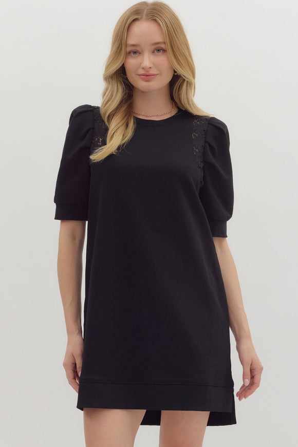 Crochet Trim Pleated Puff Sleeve Dress | Black