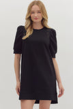 Crochet Trim Pleated Puff Sleeve Dress | Black