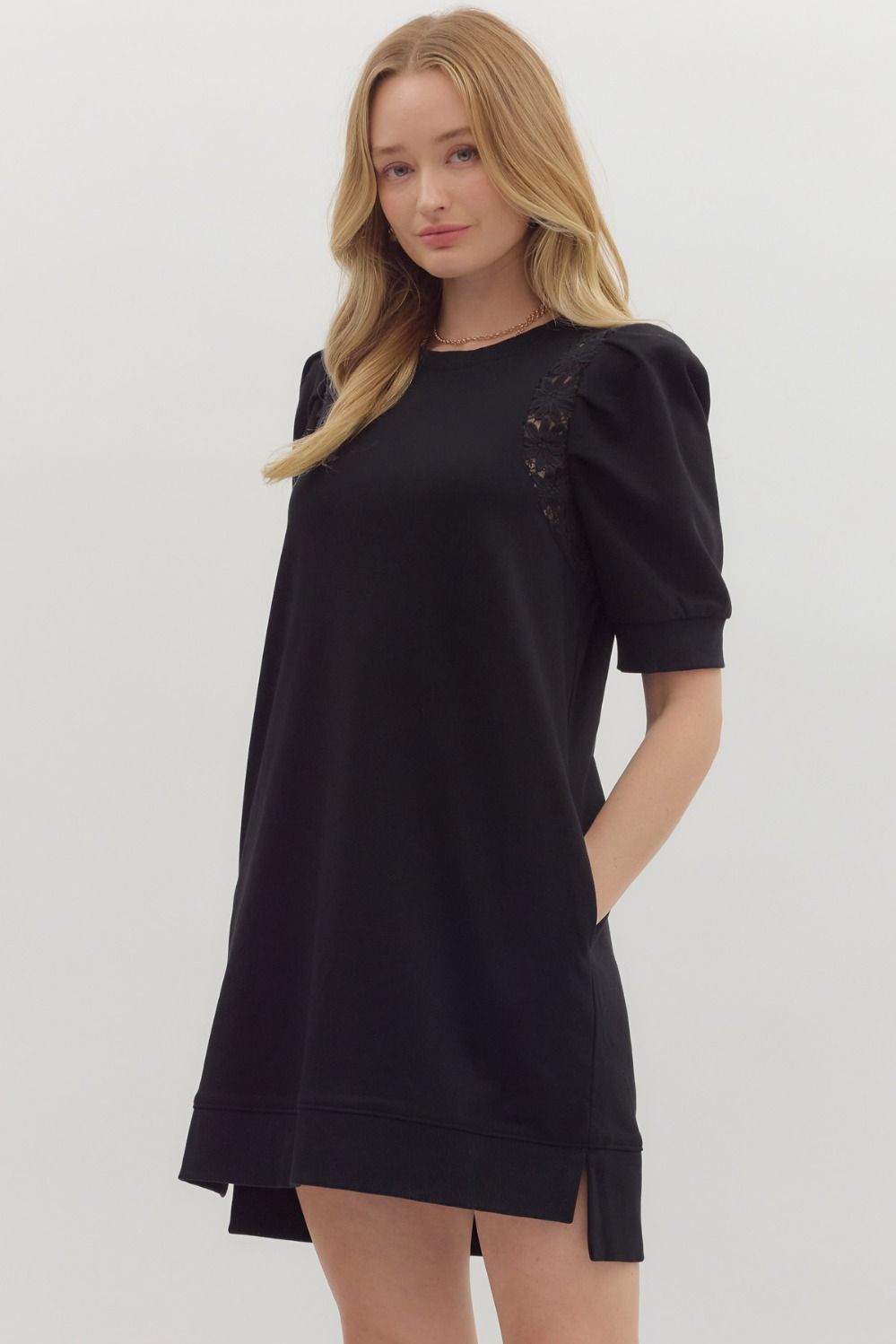 Crochet Trim Pleated Puff Sleeve Dress | Black