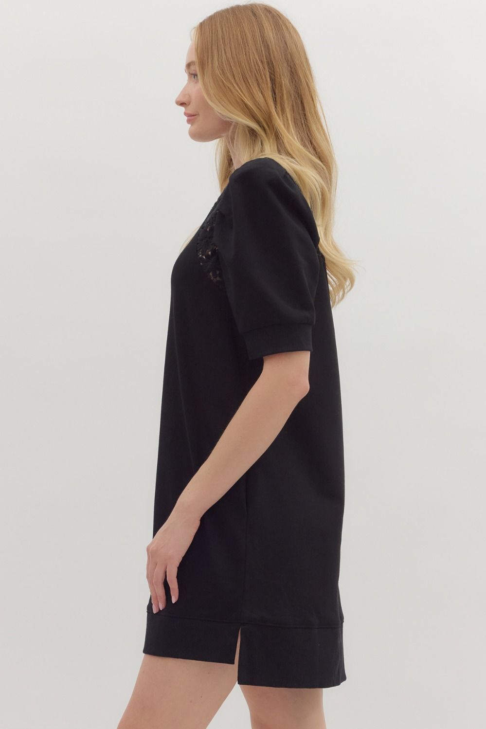 Crochet Trim Pleated Puff Sleeve Dress | Black