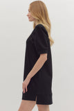 Crochet Trim Pleated Puff Sleeve Dress | Black