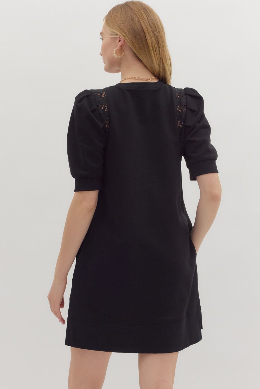 Crochet Trim Pleated Puff Sleeve Dress | Black