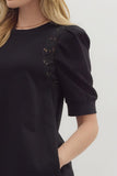 Crochet Trim Pleated Puff Sleeve Dress | Black