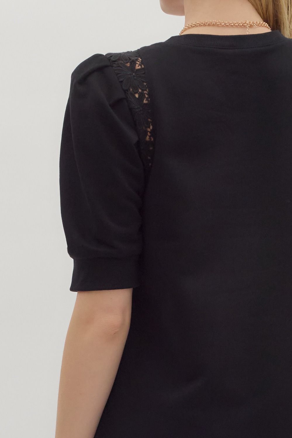 Crochet Trim Pleated Puff Sleeve Dress | Black