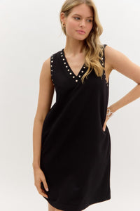 V-Neck Stud Trim Dress | Black
