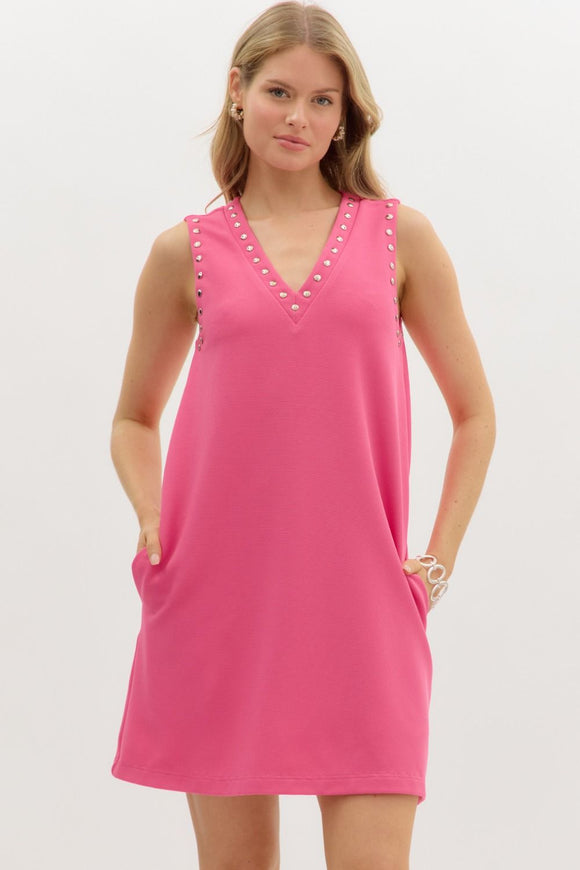 V-Neck Stud Trim Dress | Hot Pink