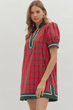 Plaid Trim Inset Dress | Red