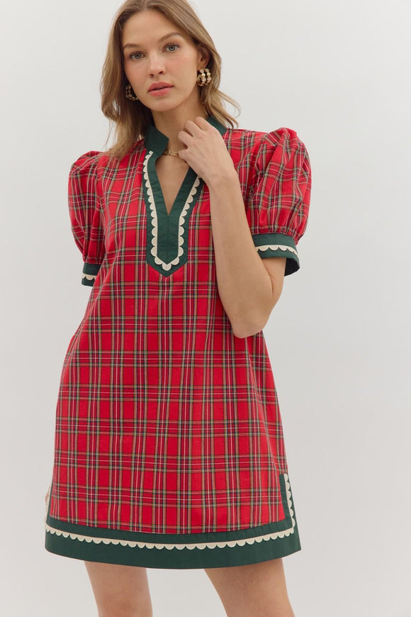Plaid Trim Inset Dress | Red
