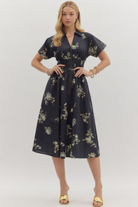 Paisley Cotton Midi Zip Dress | Black