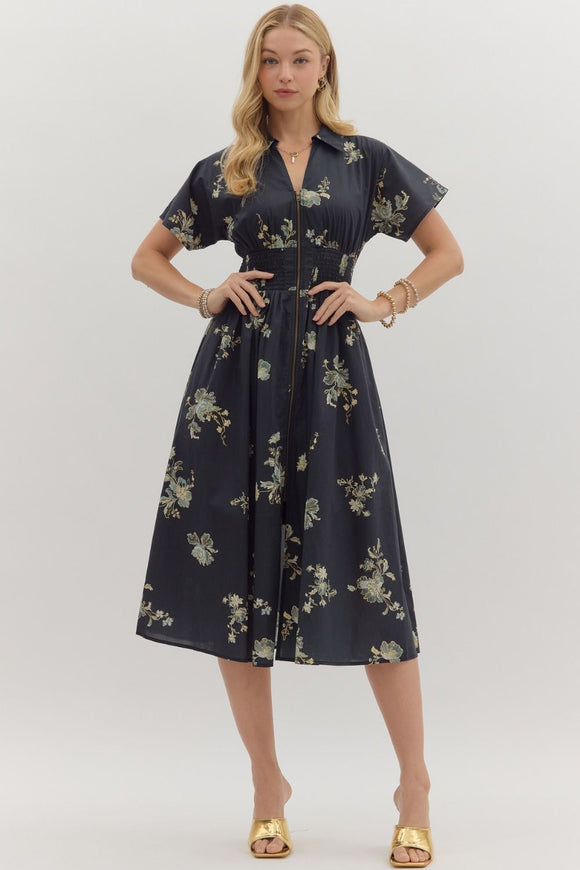 Paisley Cotton Midi Zip Dress | Black