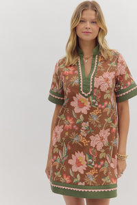 Caftan Neck Band Floral Dress | Brown Mix