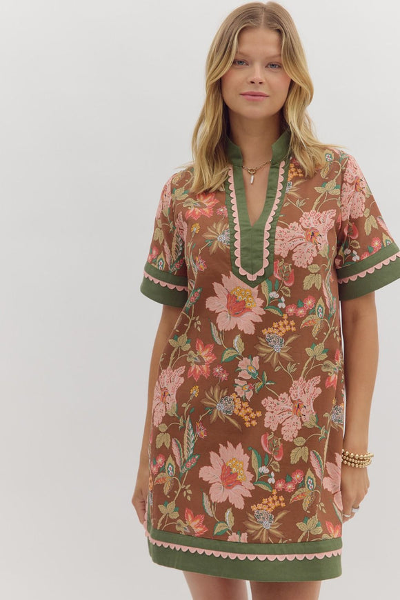 Caftan Neck Band Floral Dress | Brown Mix