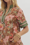 Caftan Neck Band Floral Dress | Brown Mix