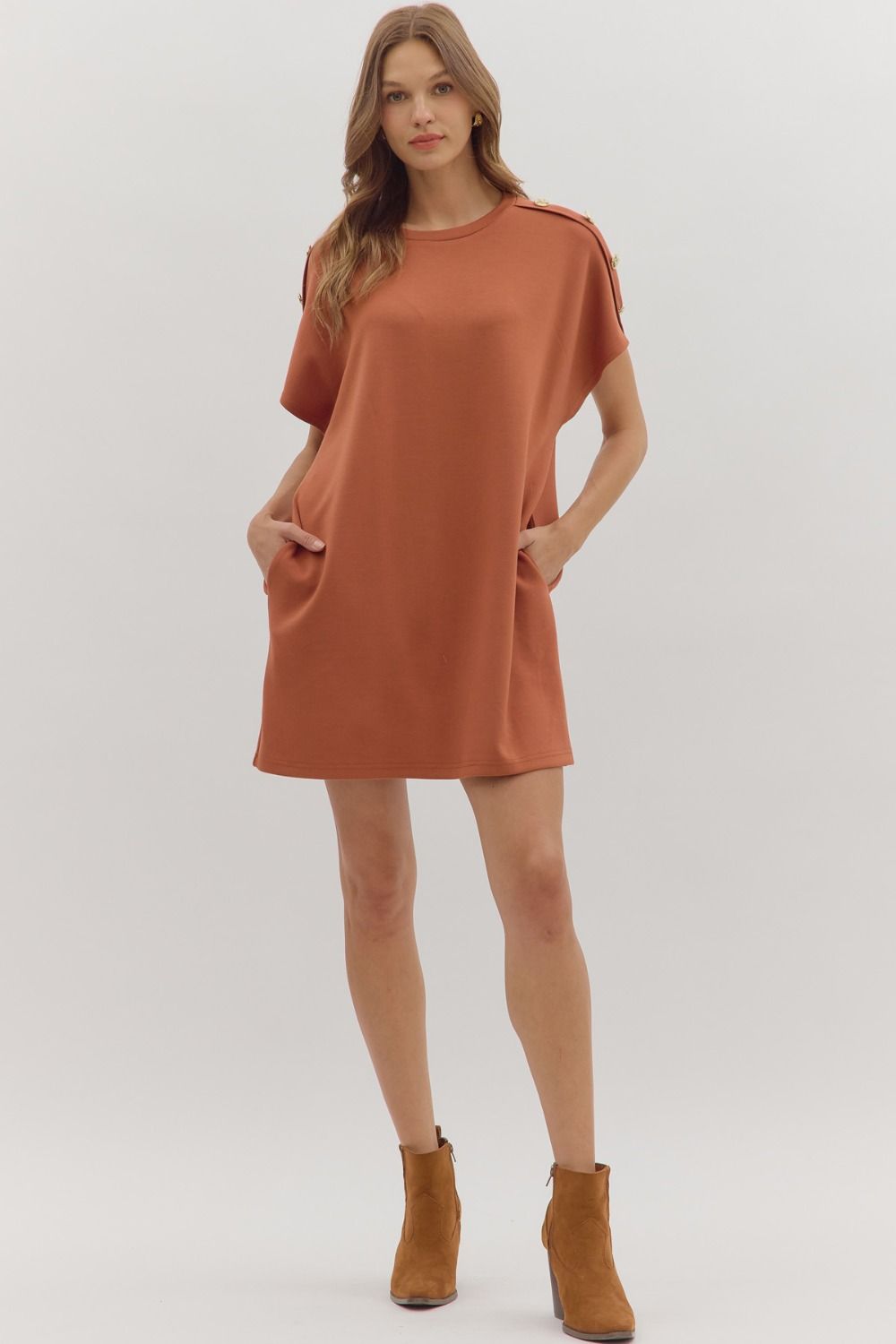Solid Gold Button Detail Shift Dress | Clay