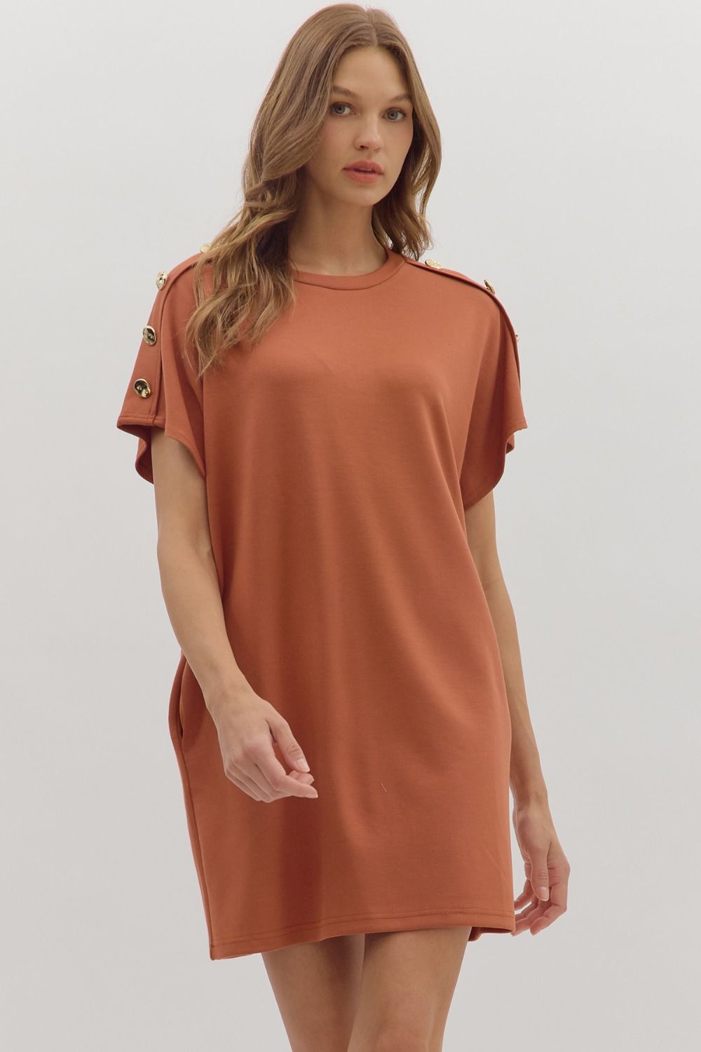 Solid Gold Button Detail Shift Dress | Clay