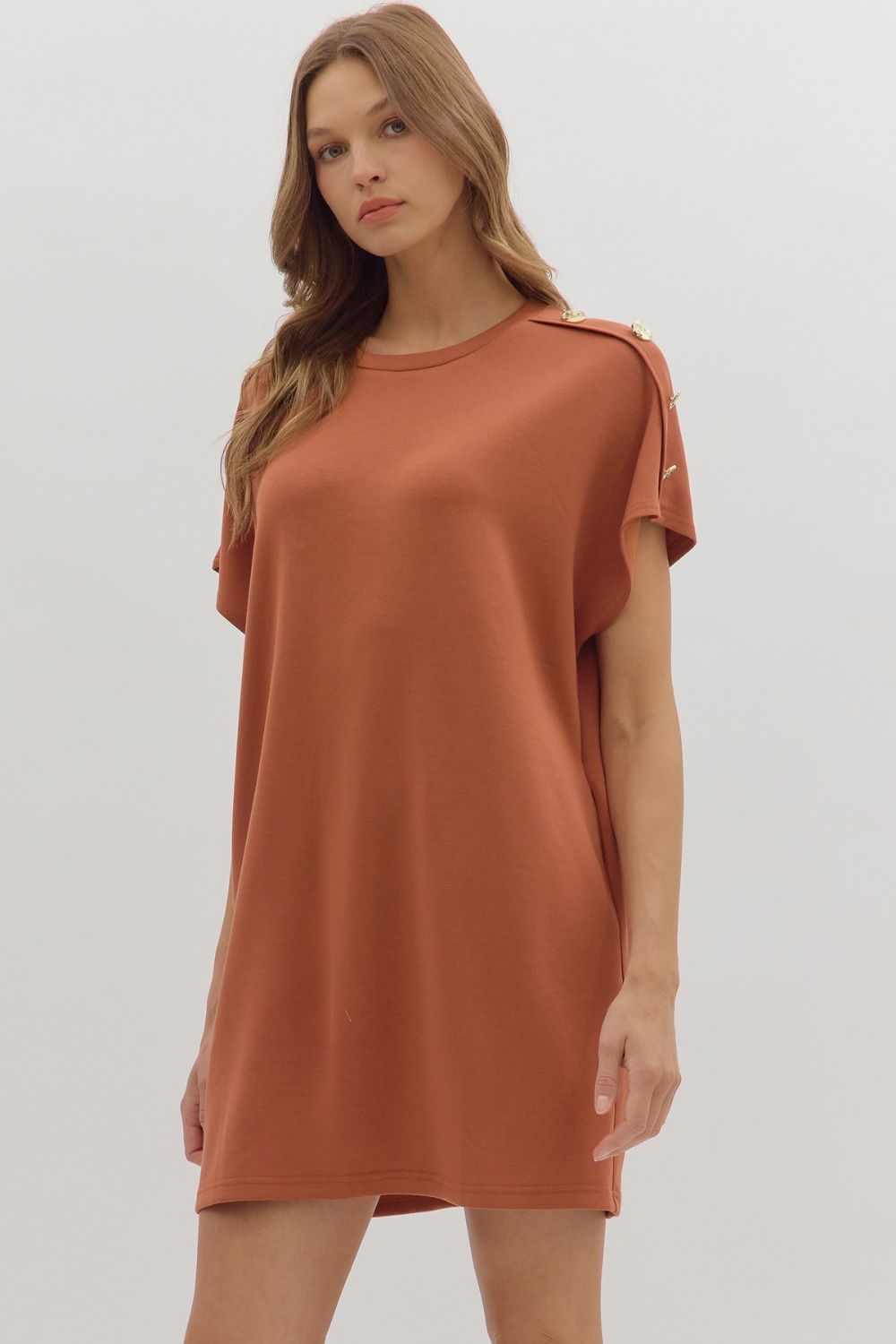 Solid Gold Button Detail Shift Dress | Clay