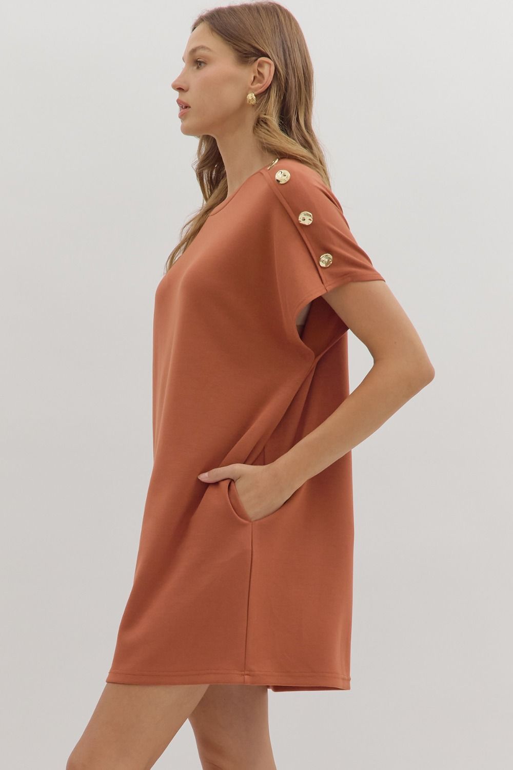 Solid Gold Button Detail Shift Dress | Clay