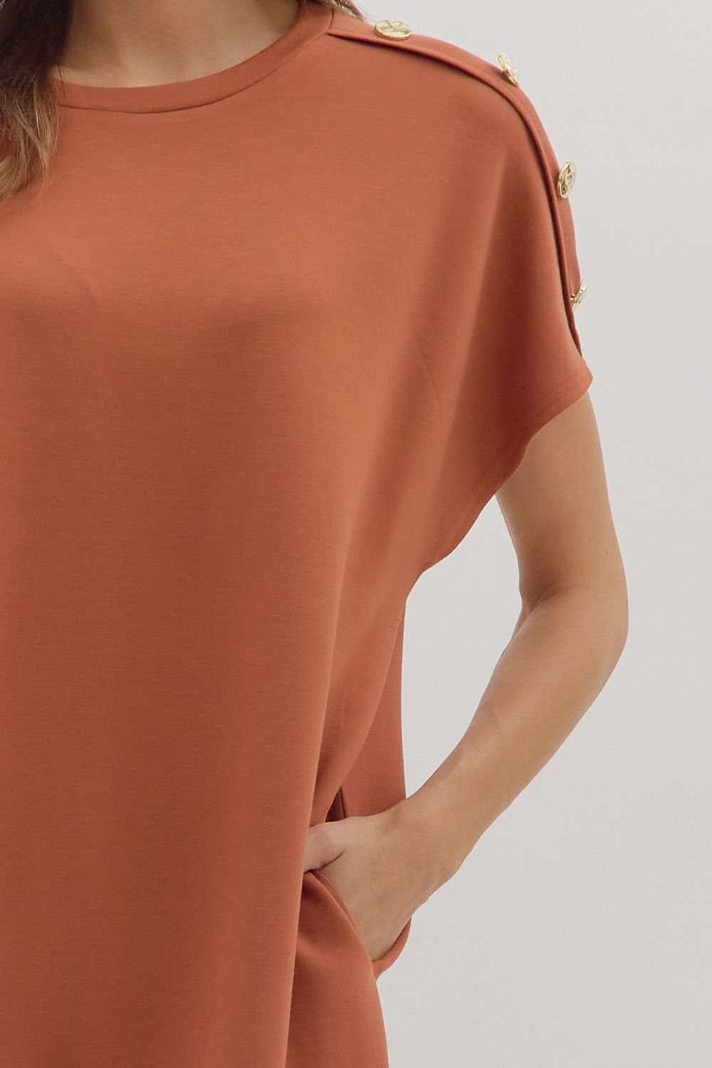 Solid Gold Button Detail Shift Dress | Clay