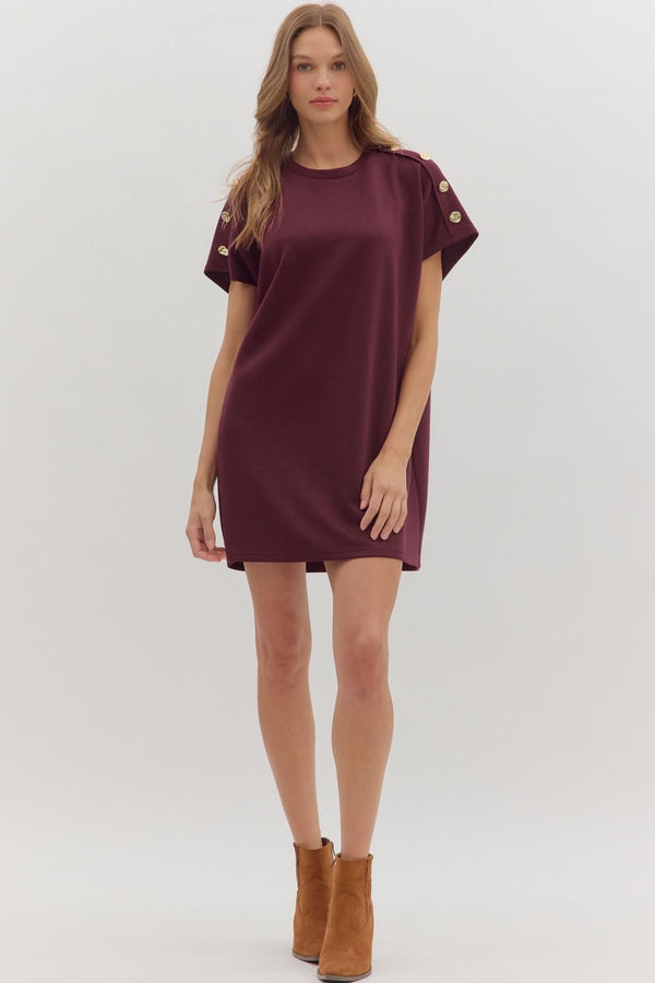 Solid Gold Button Detail Shift Dress | Burgundy