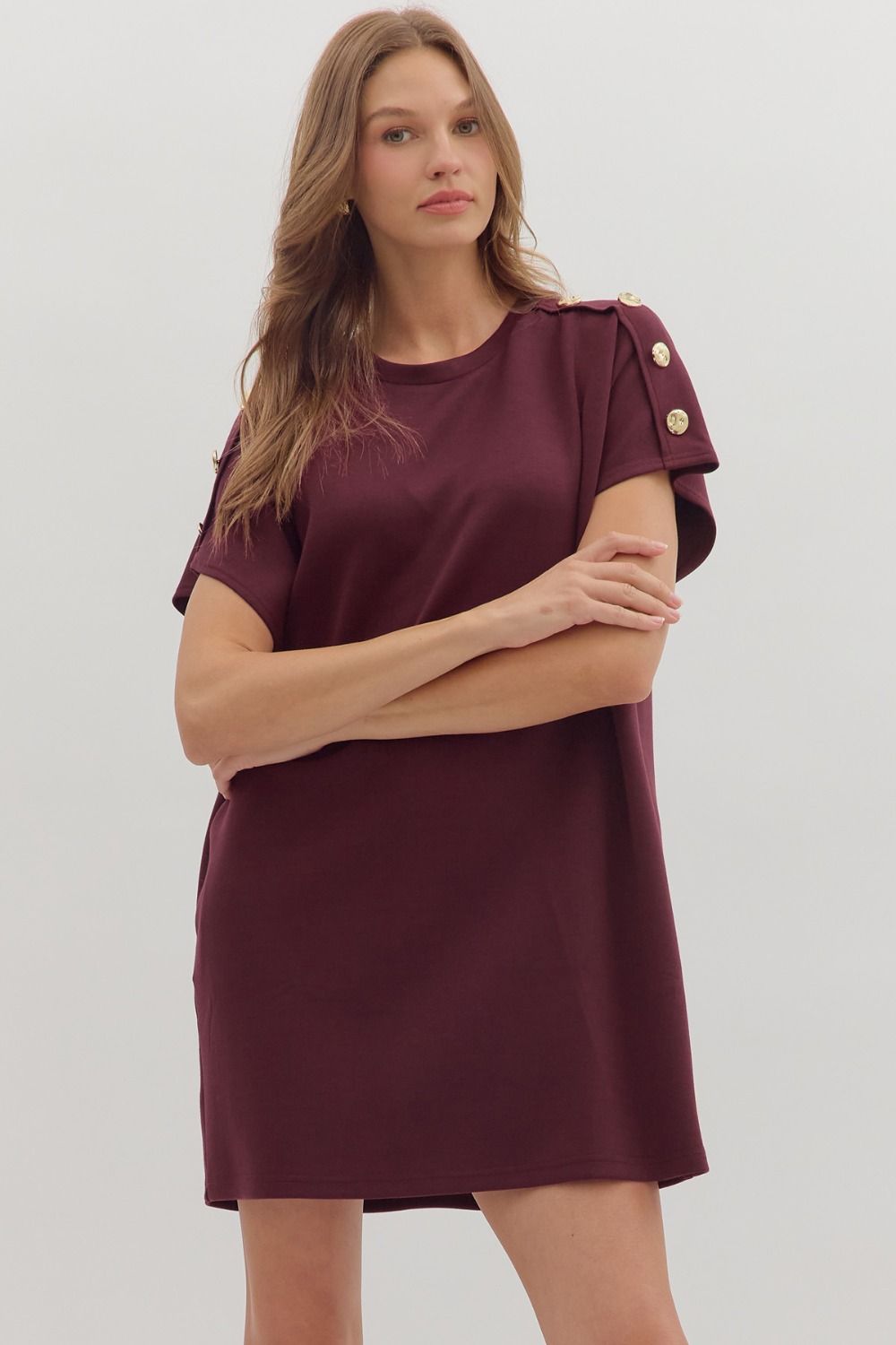 Solid Gold Button Detail Shift Dress | Burgundy