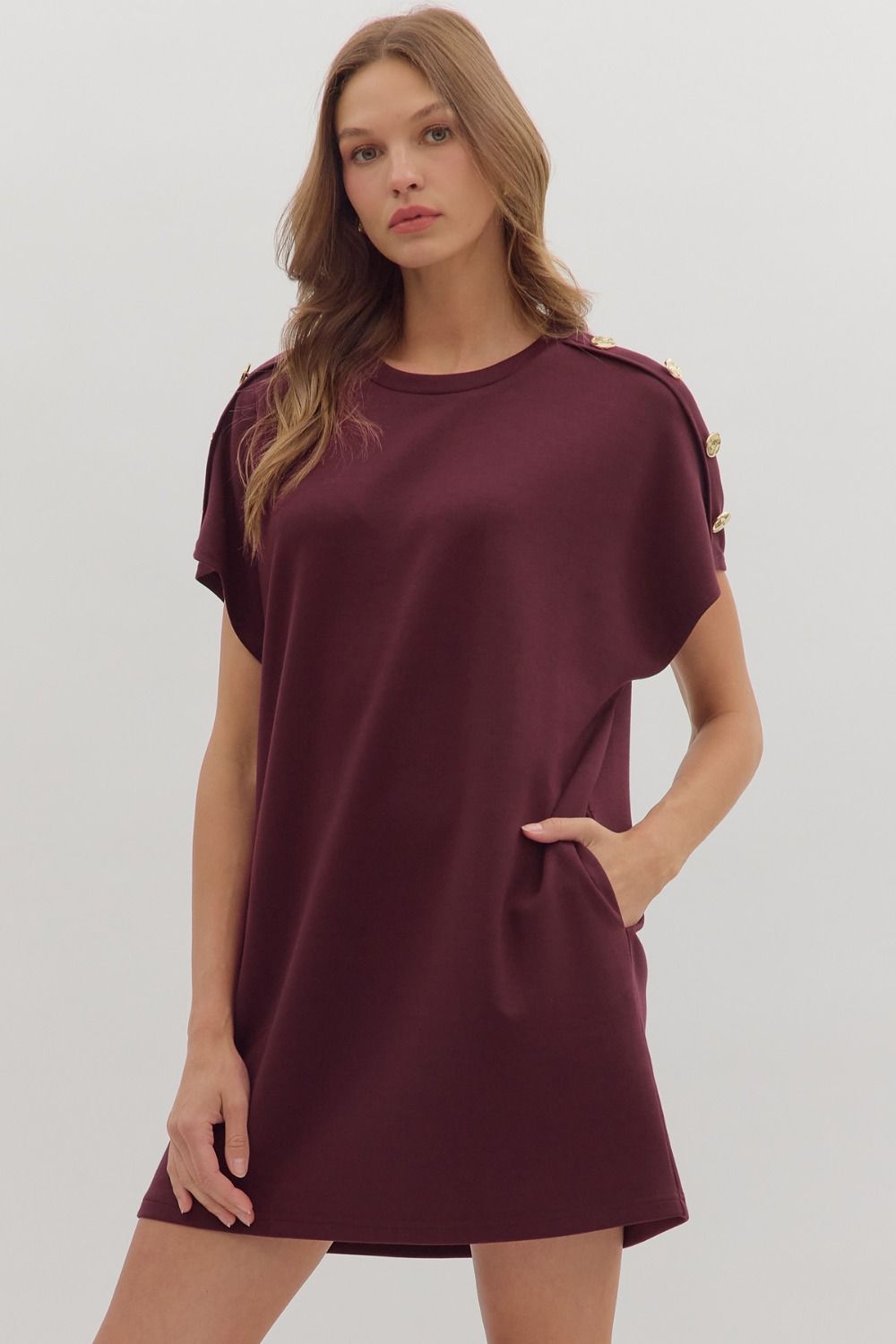Solid Gold Button Detail Shift Dress | Burgundy