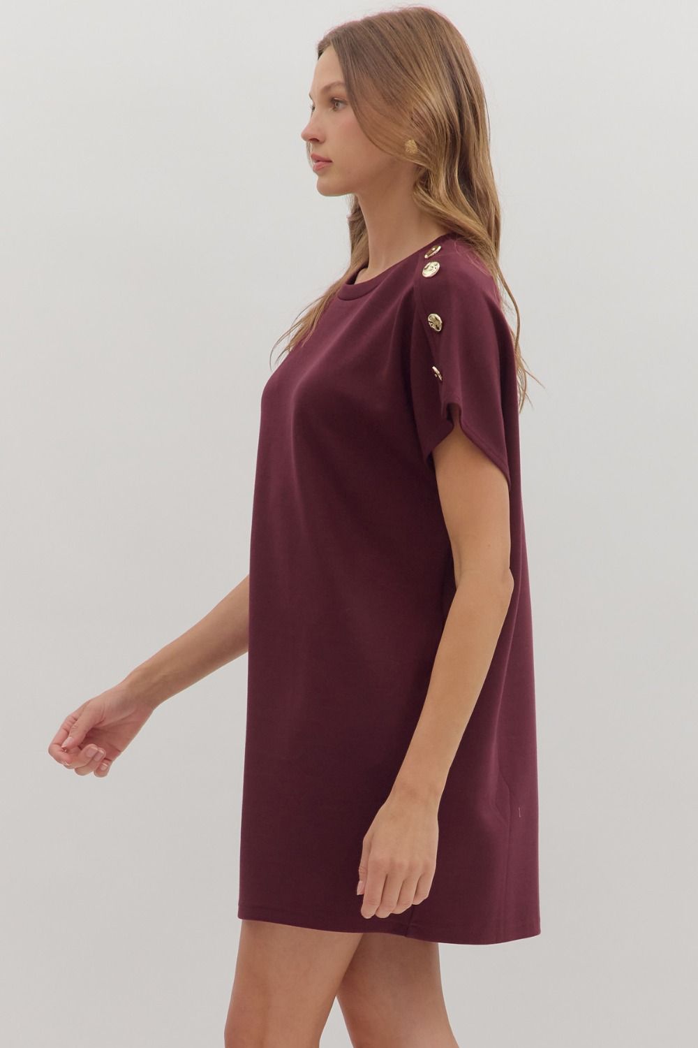 Solid Gold Button Detail Shift Dress | Burgundy