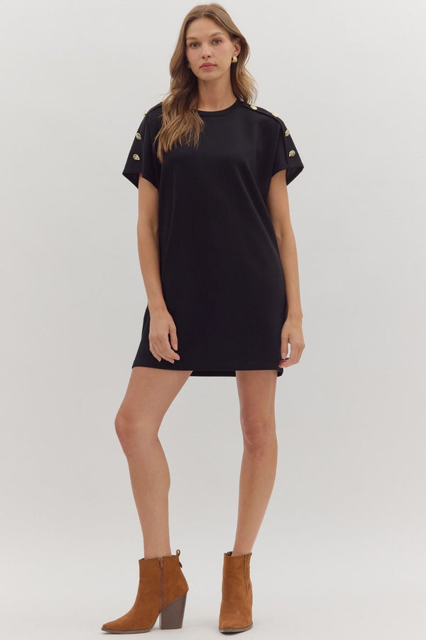 Solid Gold Button Detail Shift Dress | Black