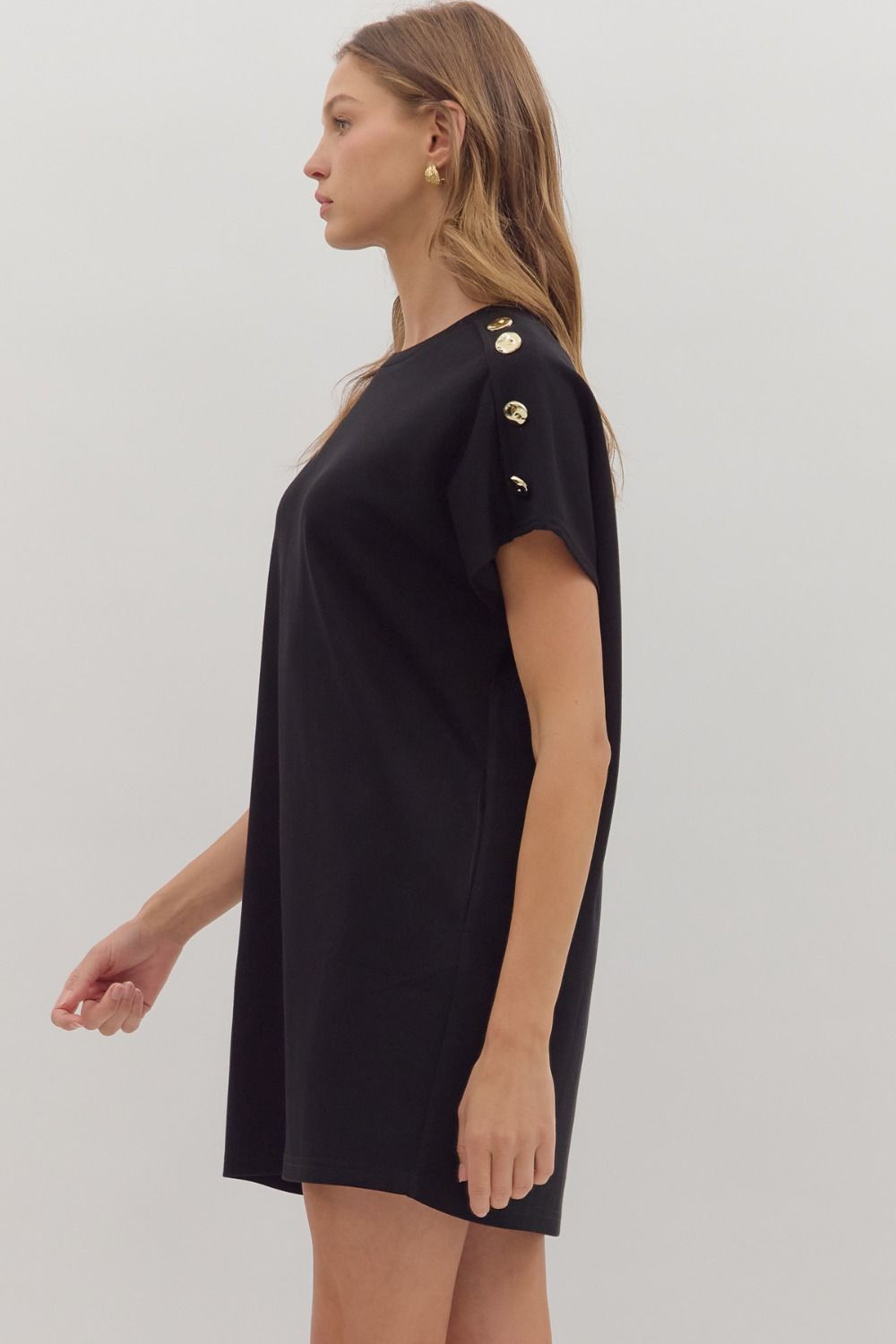 Solid Gold Button Detail Shift Dress | Black