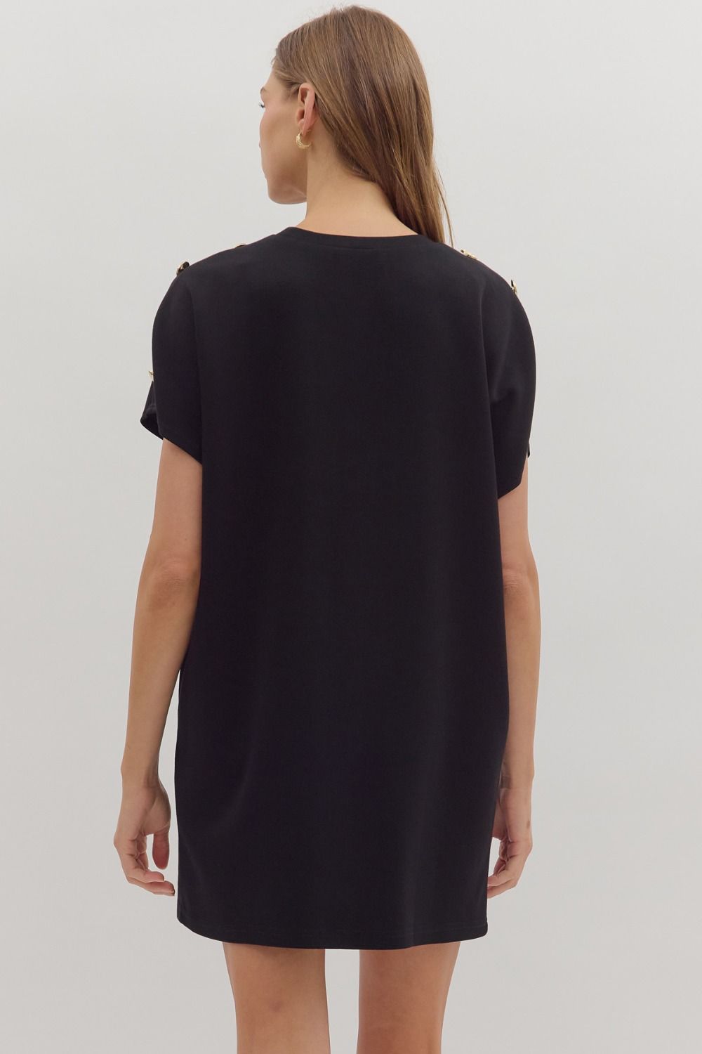 Solid Gold Button Detail Shift Dress | Black
