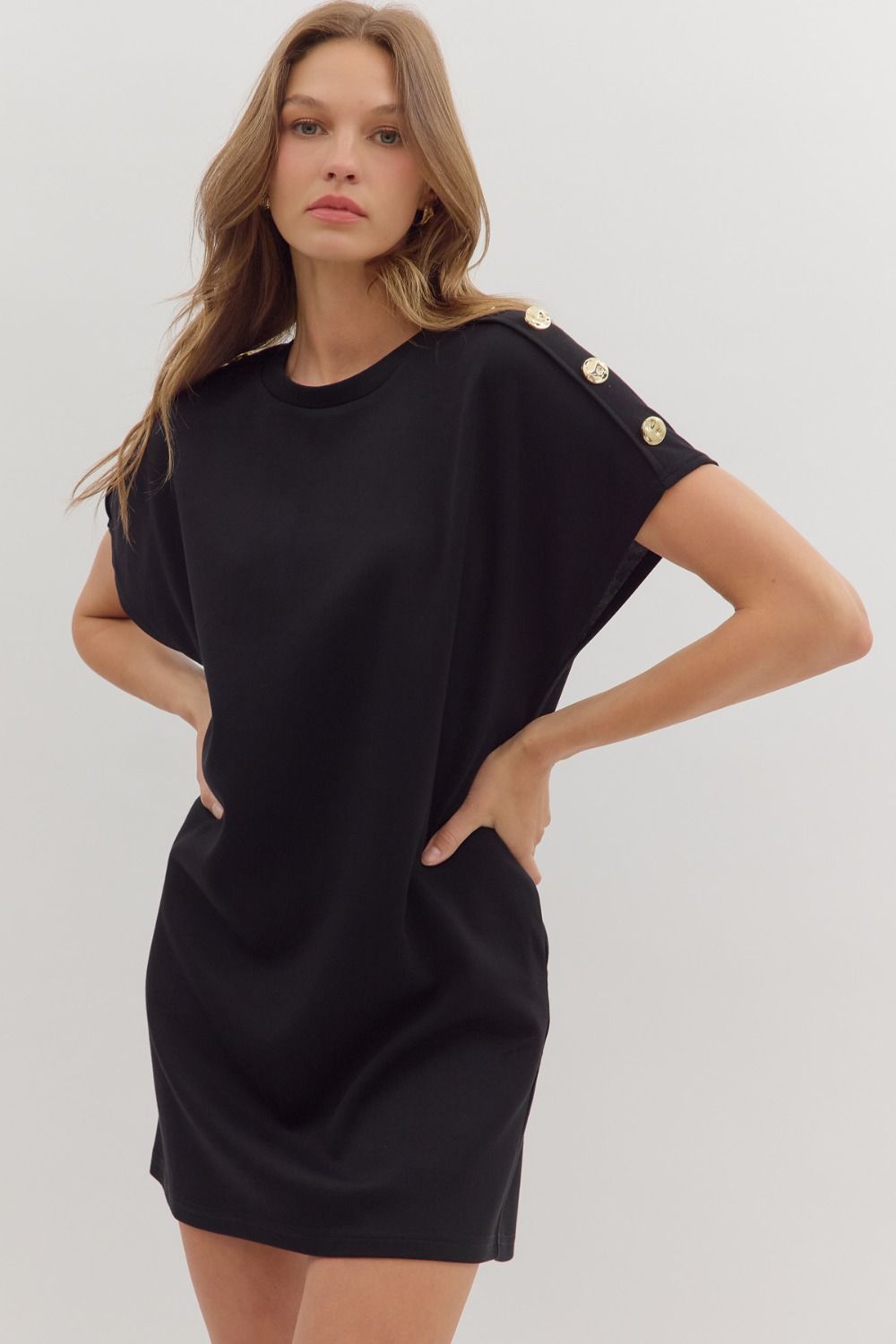Solid Gold Button Detail Shift Dress | Black