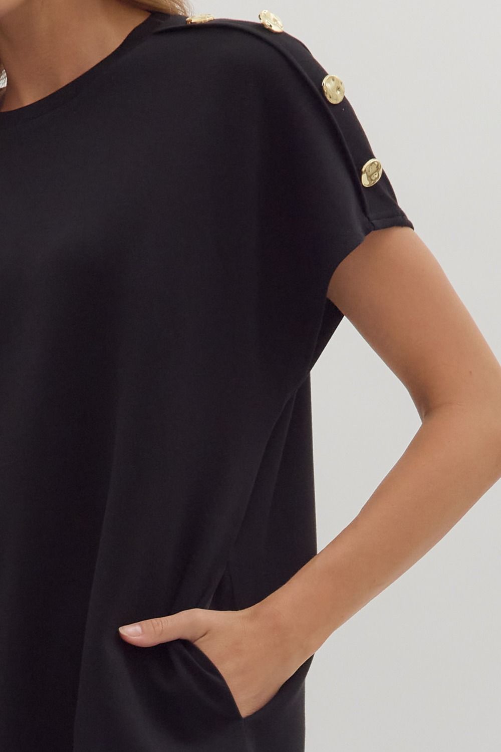 Solid Gold Button Detail Shift Dress | Black