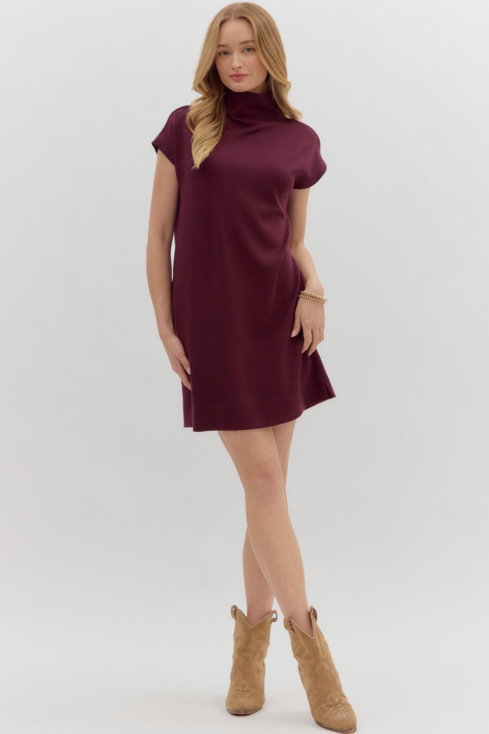 Solid Jersey Mock Neck Dress | Wine