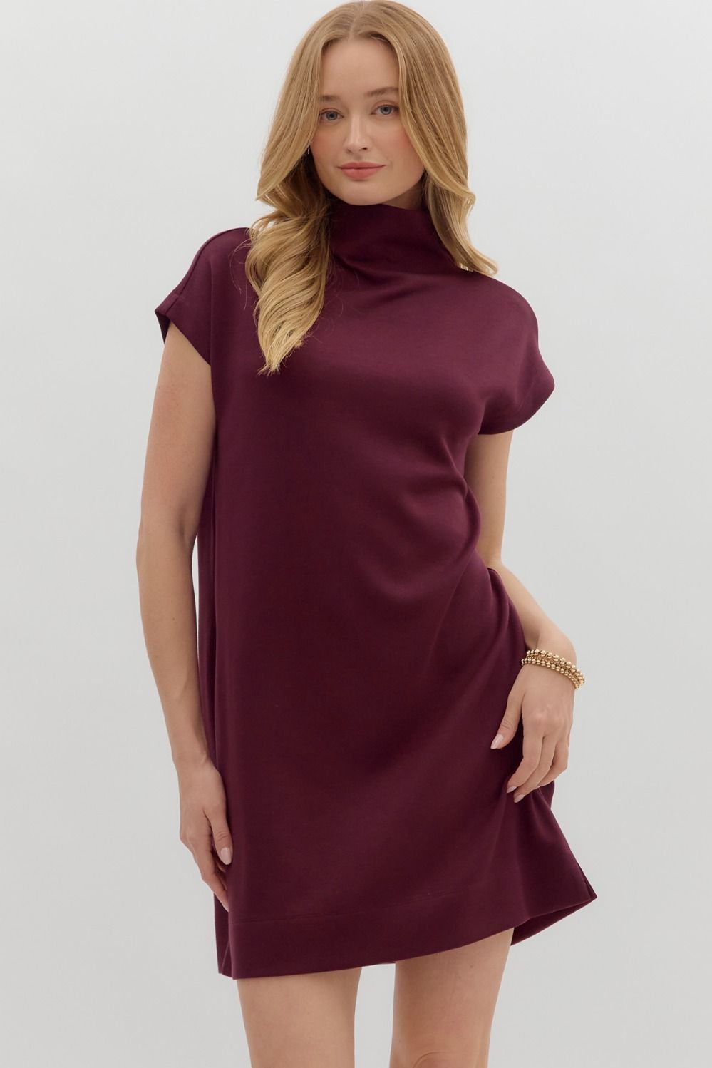 Solid Jersey Mock Neck Dress | Wine