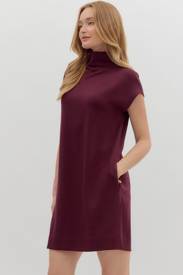 Solid Jersey Mock Neck Dress | Wine
