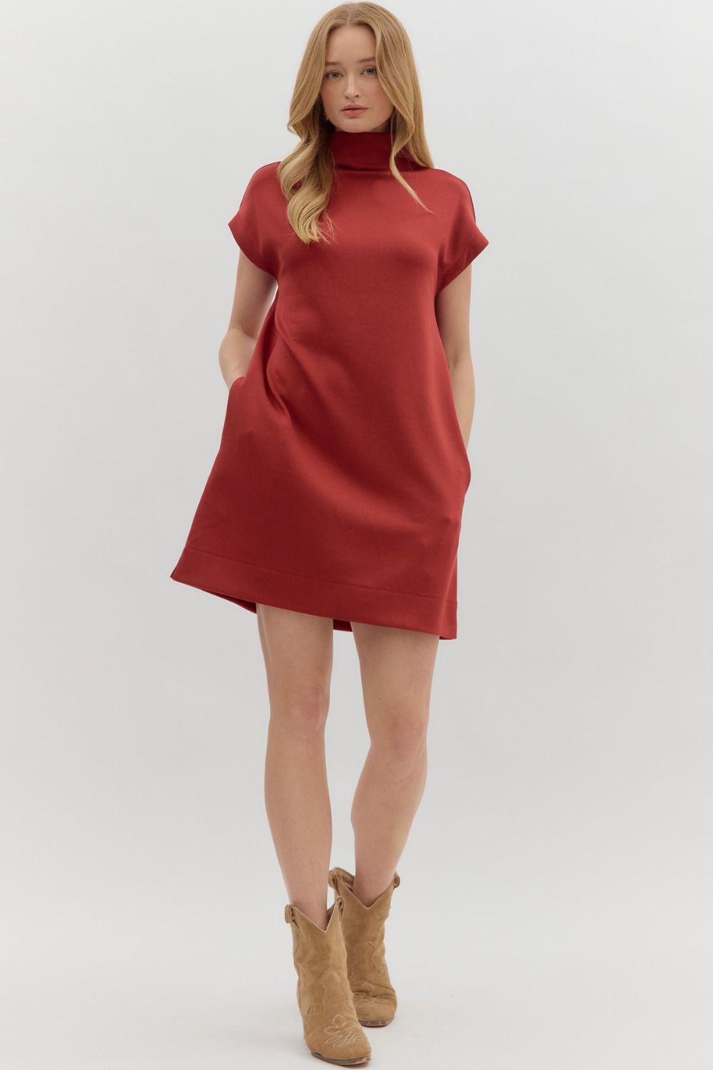 Solid Jersey Mock Neck Dress | Brick